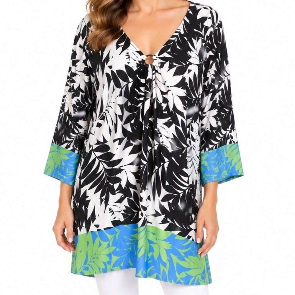 Ruby Rd. Woman Tropical Leaf V-Neck Tunic Top Black White Blue Green 1X